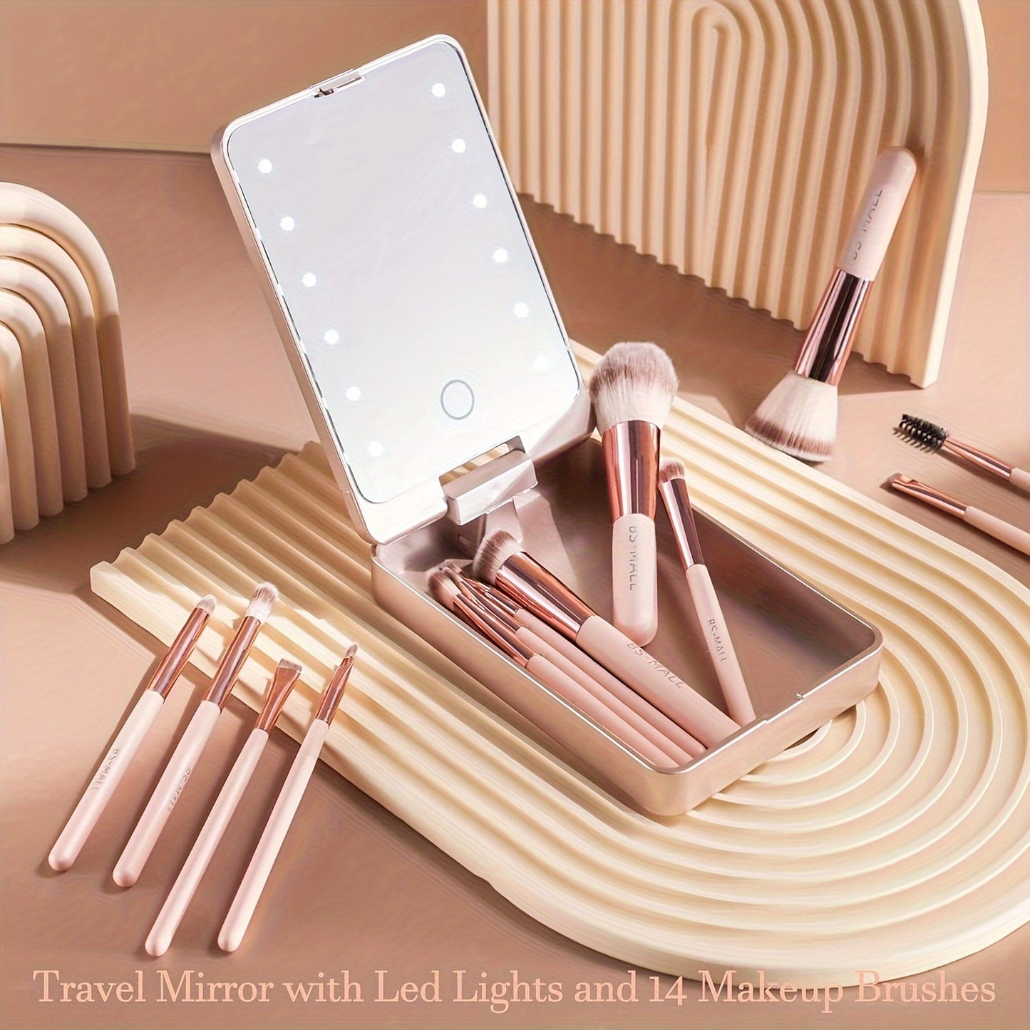 14-Piece Portable LED Makeup Brush & Mirror Set